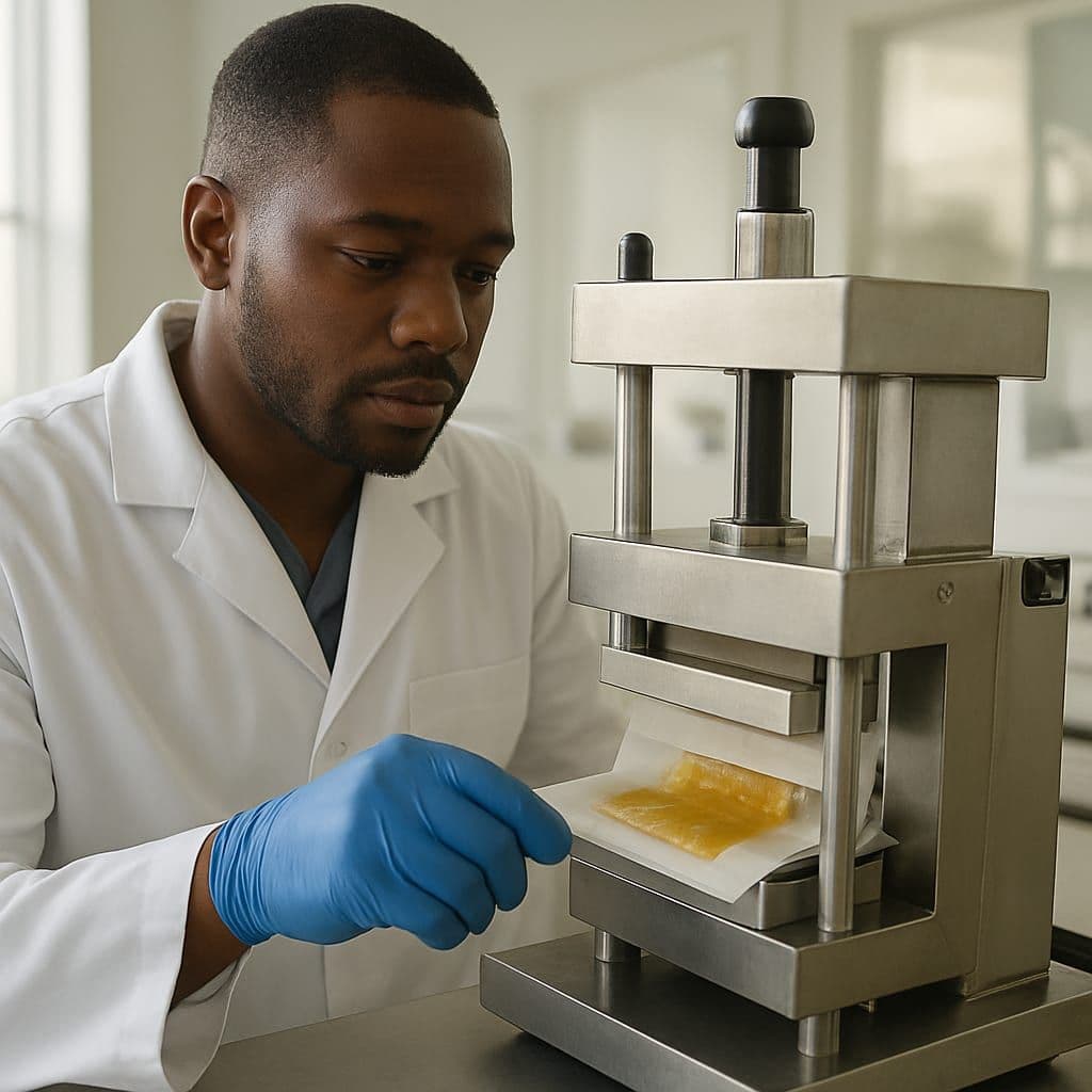 GreenCart Lab+ technician operating a rosin press to produce premium concentrate